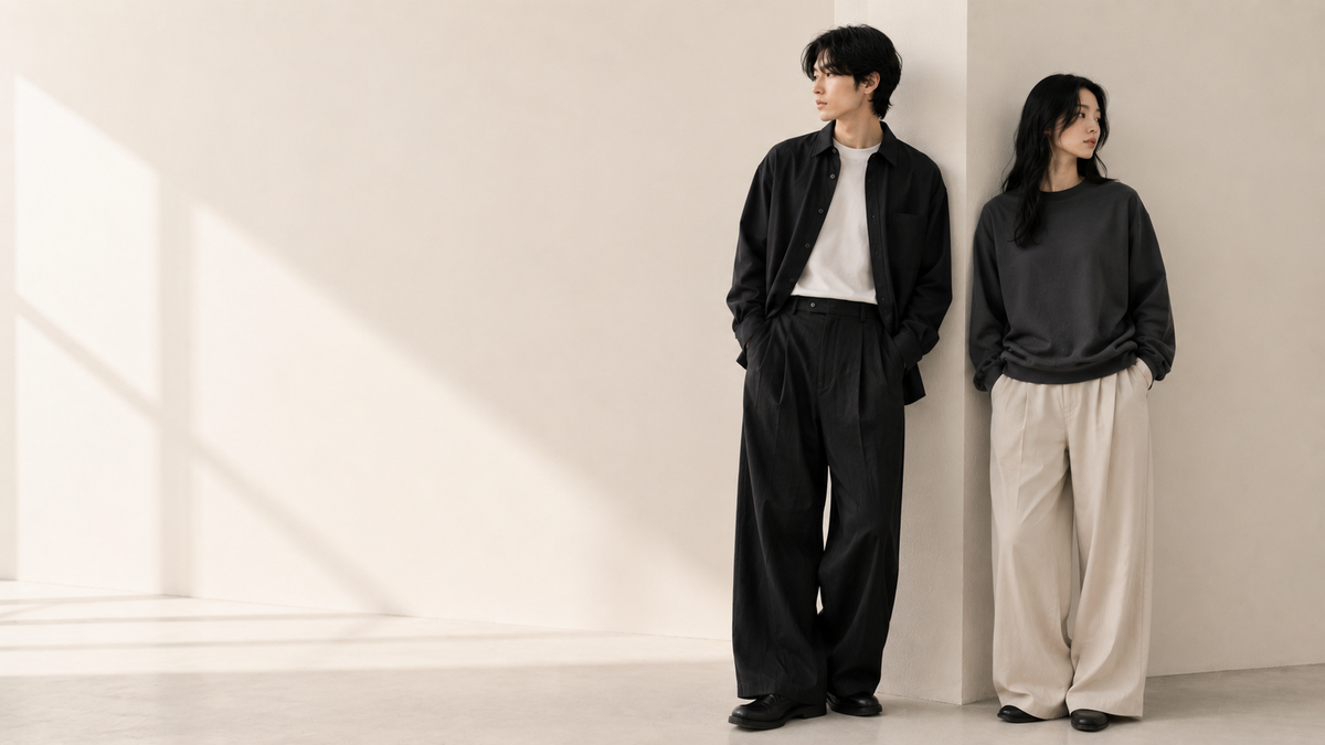 Pantalons unisexes homme femme portés dans un style mode coréenne et japonaise minimaliste premium