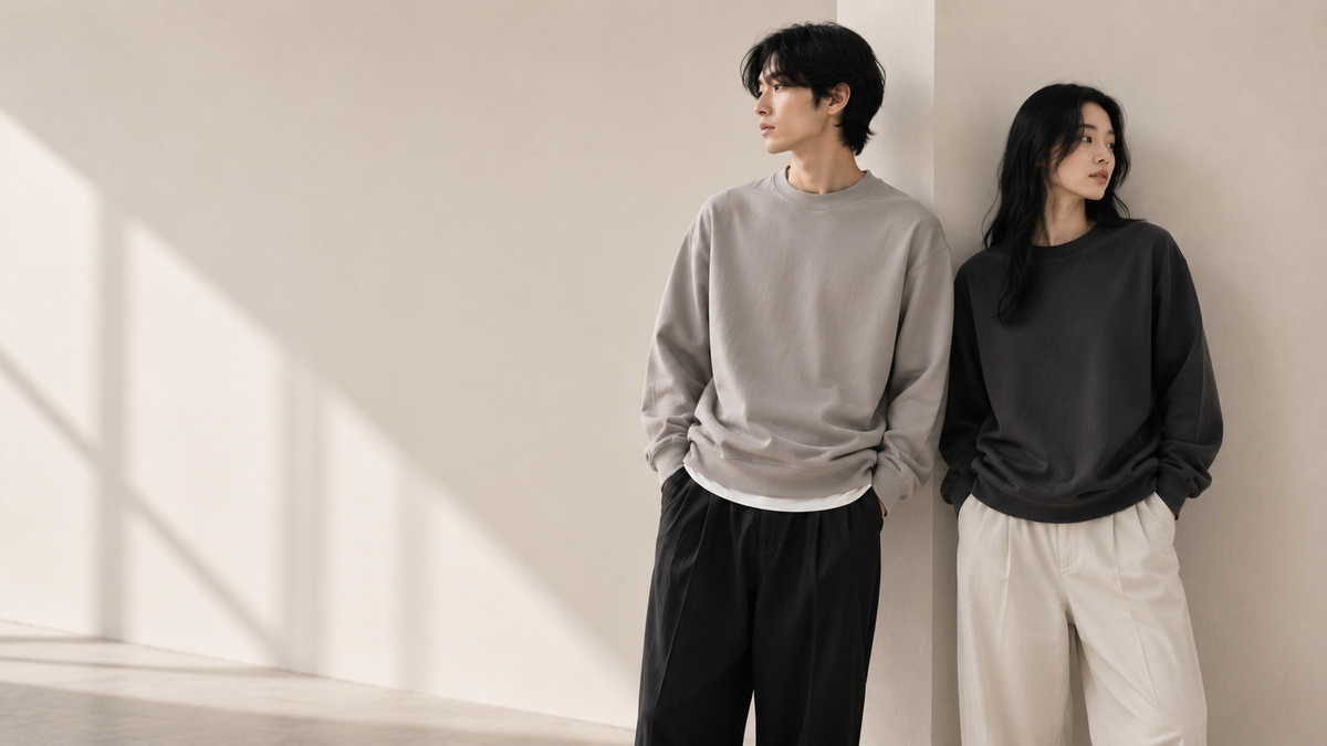 Sweats unisexes homme femme portés dans un style mode coréenne et japonaise minimaliste premium