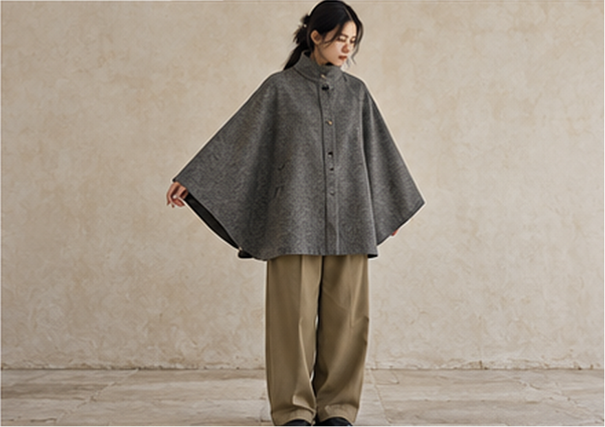 Cape grise à col officier et pantalon barrel kaki The Loom Atelier