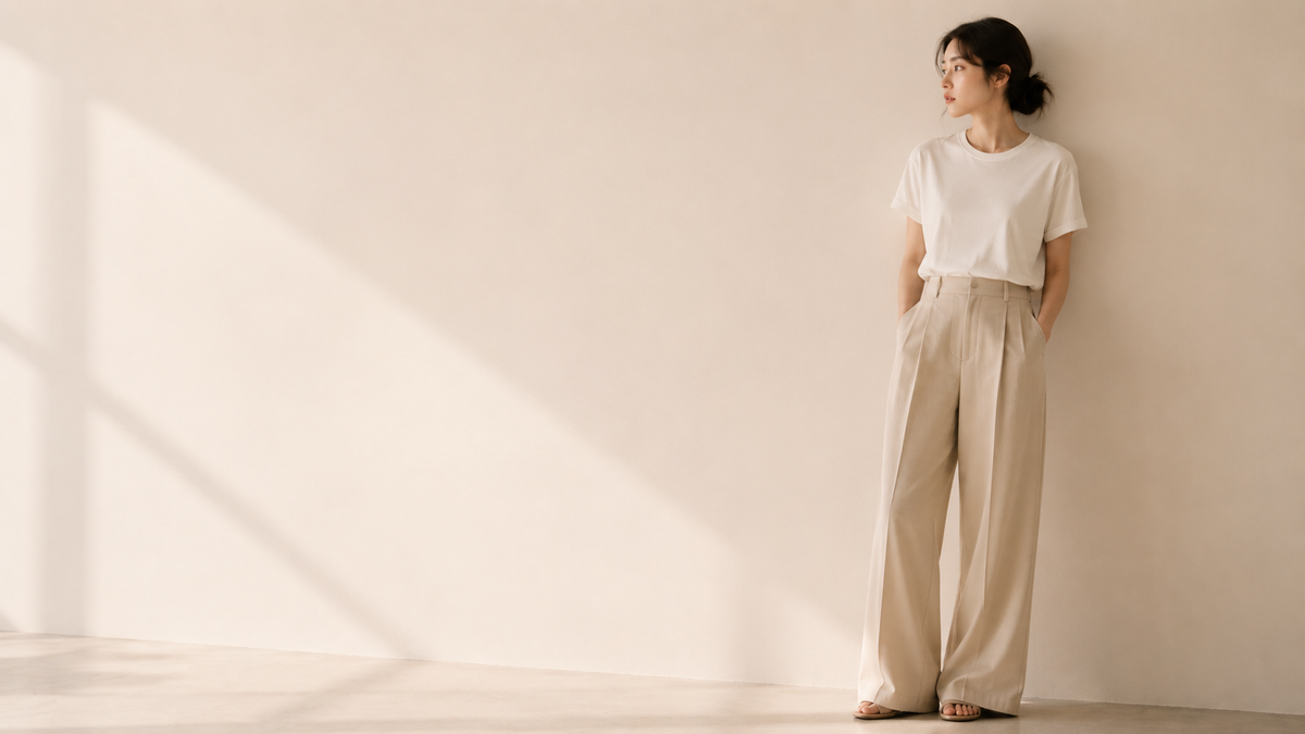 T-shirt blanc femme porté dans un style mode coréenne et japonaise premium minimaliste
