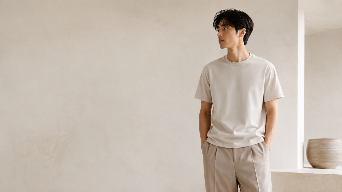 T-shirt blanc homme porté dans un style mode coréenne et japonaise premium minimaliste
