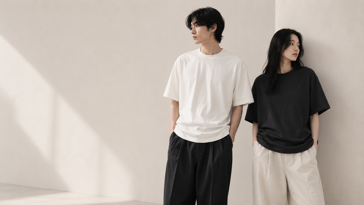 T-shirts unisexes homme femme portés dans un style mode coréenne et japonaise minimaliste premium