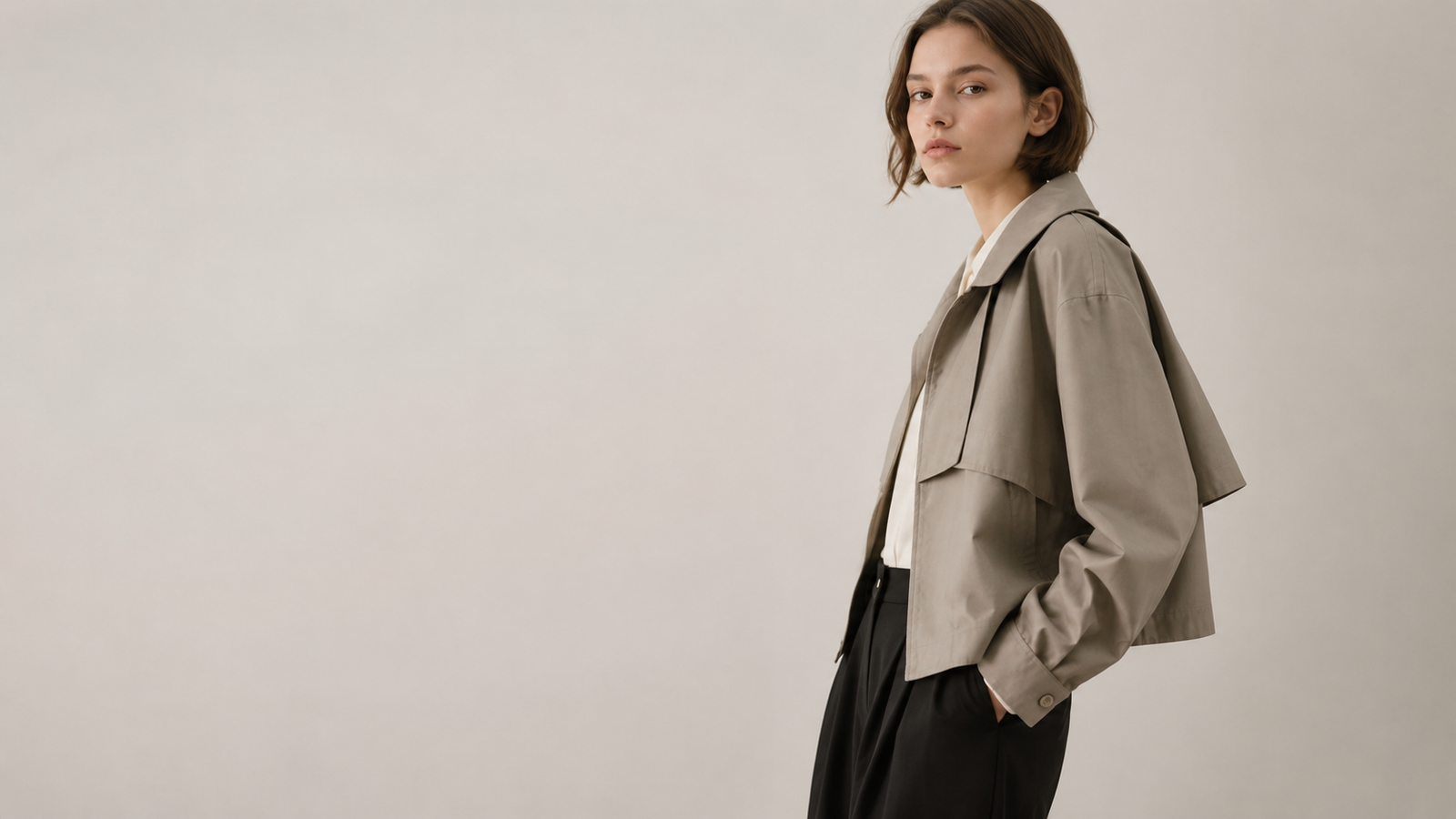 Femme portant une veste The Loom Atelier taupe avec chemise claire et pantalon noir dans un décor studio minimaliste aux tons neutres.