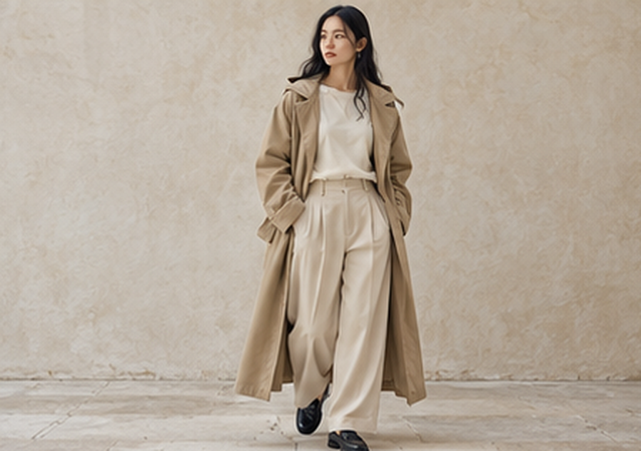 Femme portant un trench beige à capuche et un pantalon large taille haute