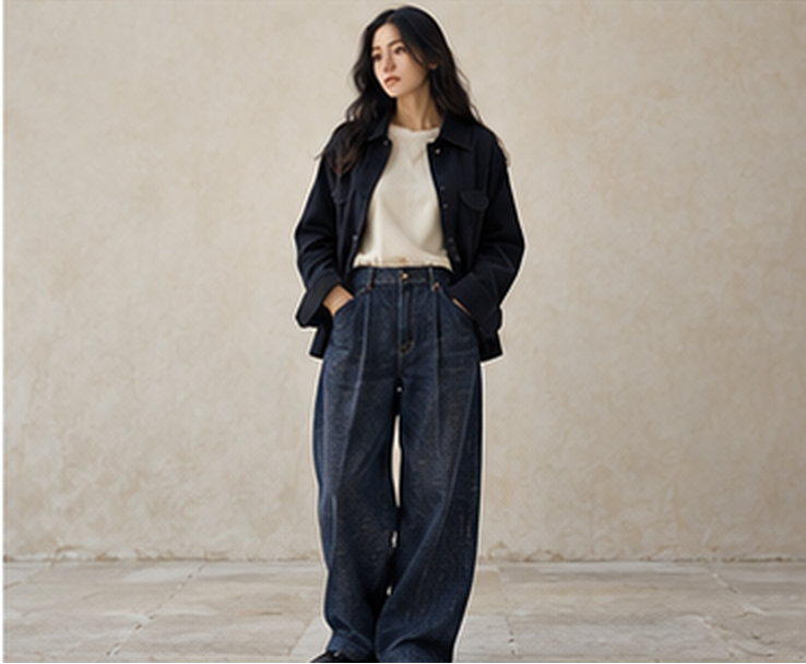 Femme portant un jean large indigo Blue Blue Japan et un haut écru
